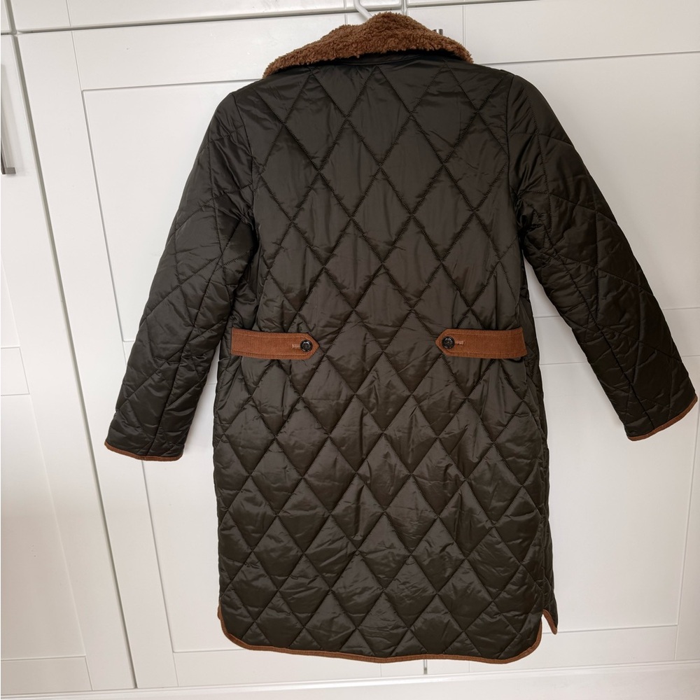 Barbour Olive Green Quilted Trench Coat with Brown Trim - Picture 2 of 7